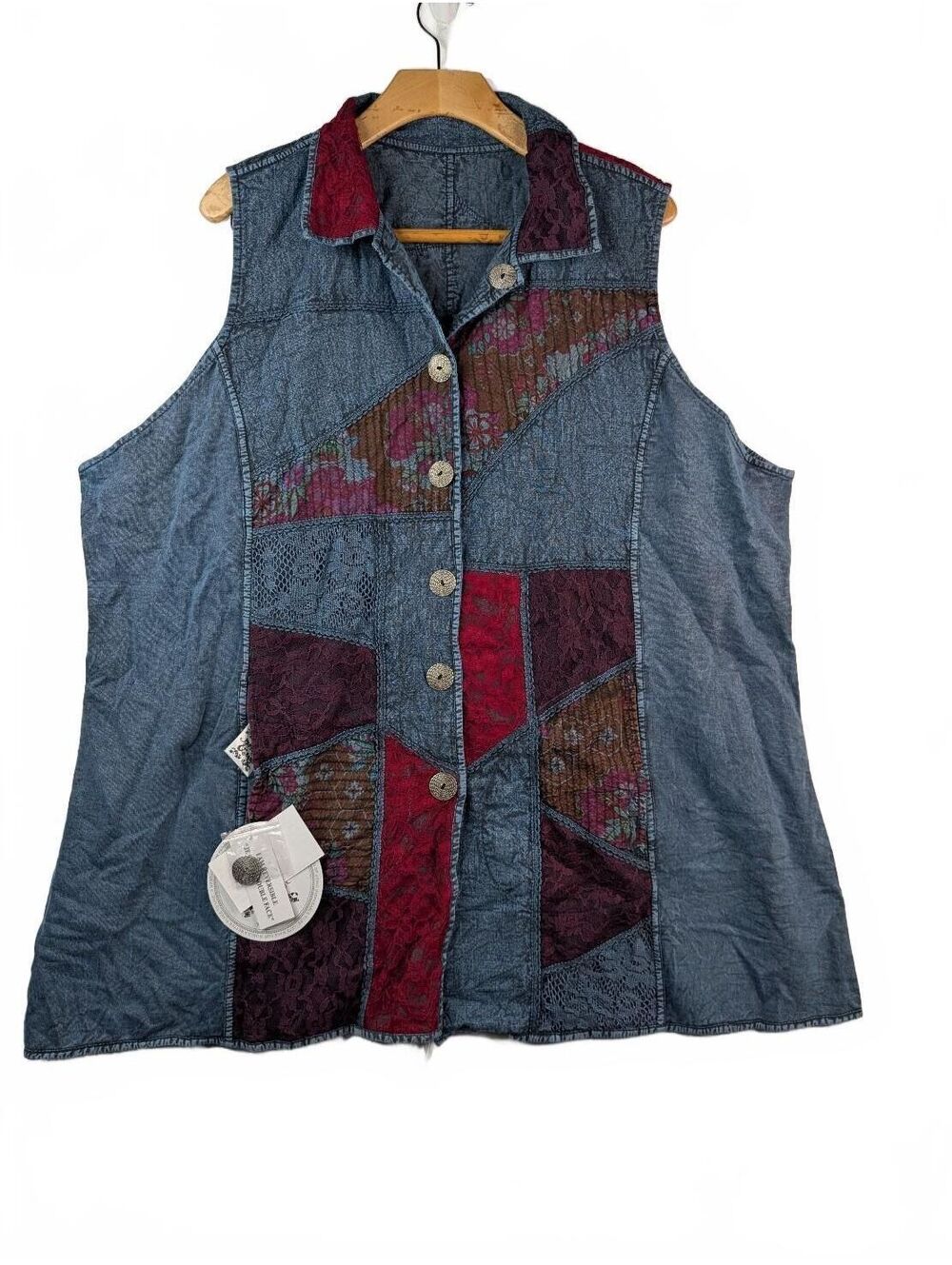 NWT Parsley & Sage Reversible Patchwork Boho Denim and Lace Vest 2X